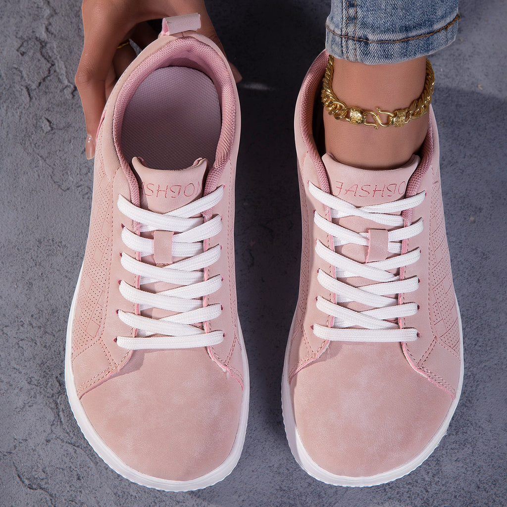 Women's Wide Toe Pink Suede Sneakers - Casual Perforated Lace-Up Walking Shoes