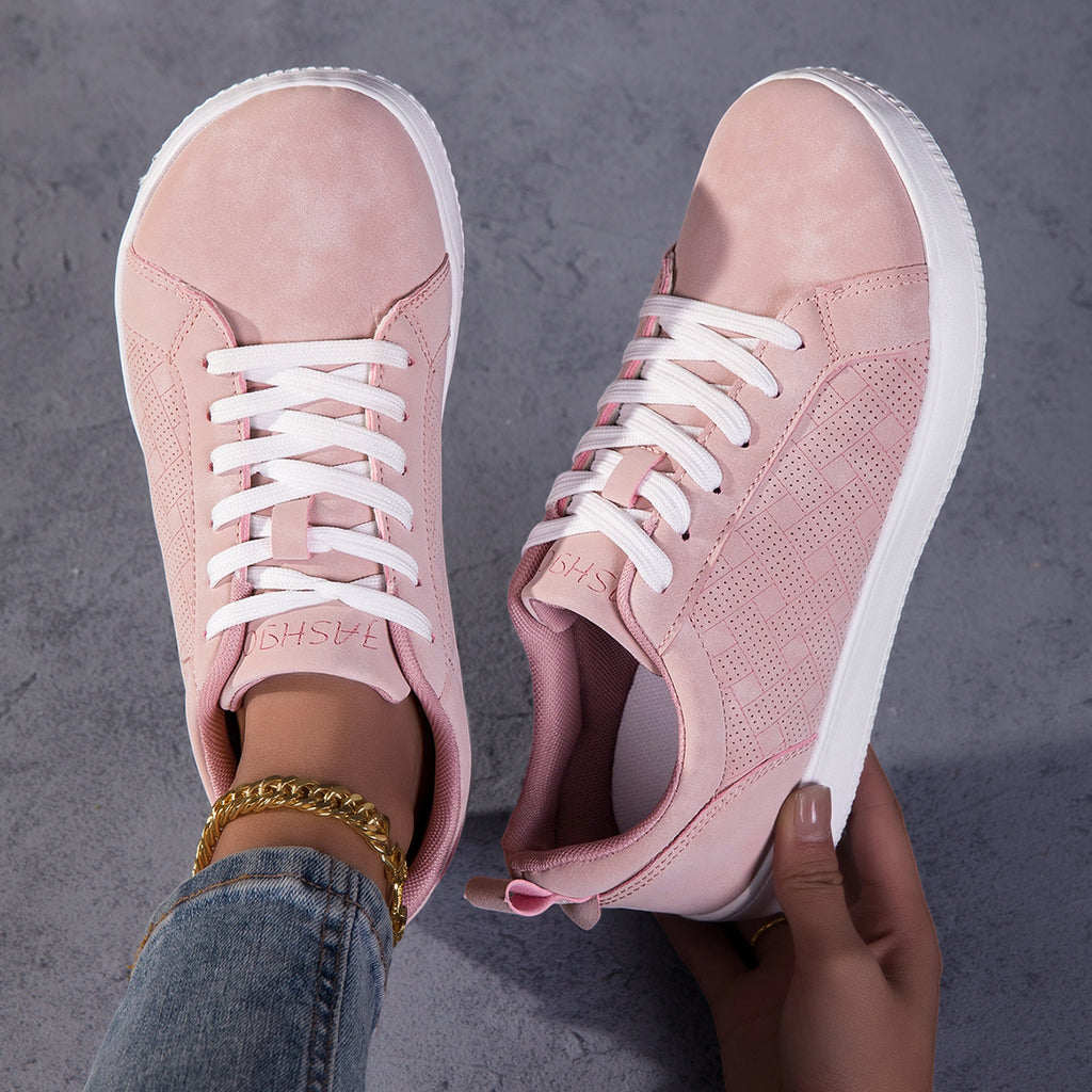 Women's Wide Toe Pink Suede Sneakers - Casual Perforated Lace-Up Walking Shoes