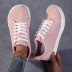 Women's Wide Toe Pink Suede Sneakers - Casual Perforated Lace-Up Walking Shoes