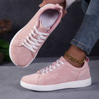 Women's Wide Toe Pink Suede Sneakers - Casual Perforated Lace-Up Walking Shoes