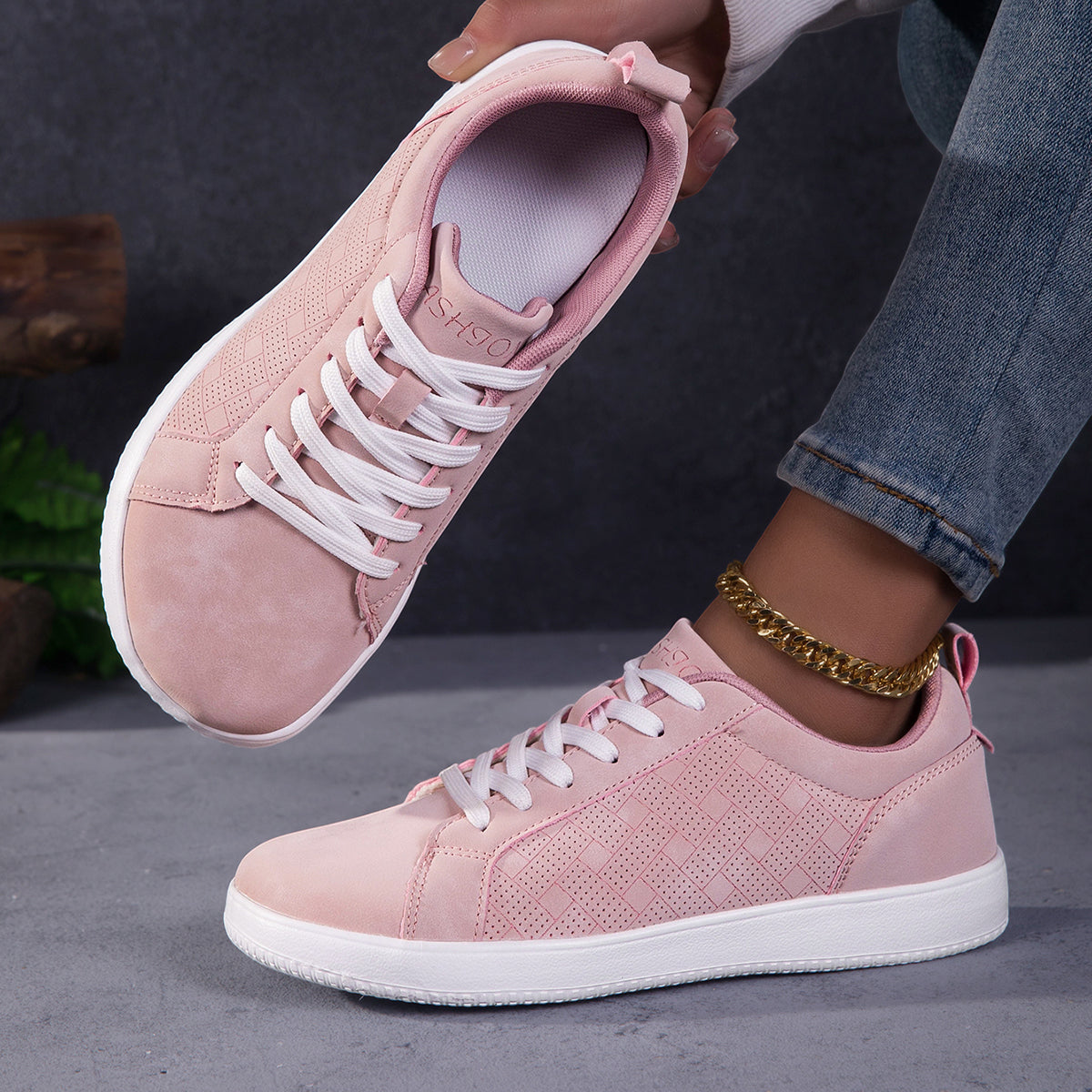 Women's Wide Toe Pink Suede Sneakers - Casual Perforated Lace-Up Walking Shoes