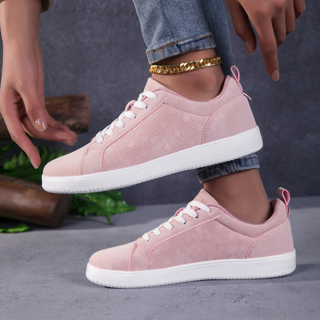Women's Wide Toe Pink Suede Sneakers - Casual Perforated Lace-Up Walking Shoes