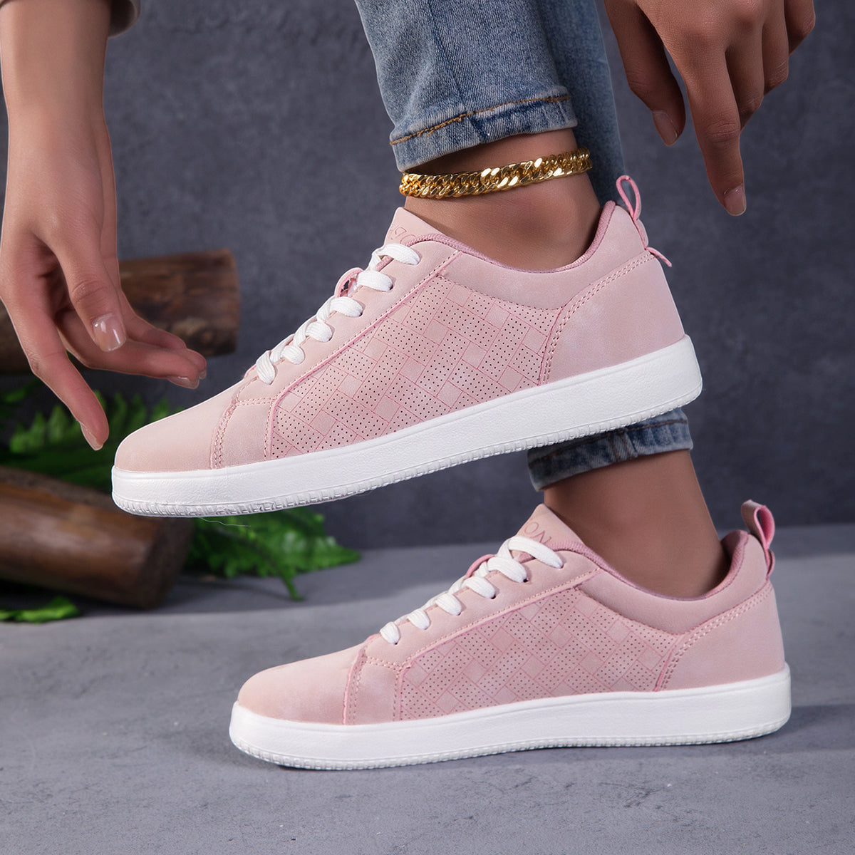 Women's Wide Toe Pink Suede Sneakers - Casual Perforated Lace-Up Walking Shoes