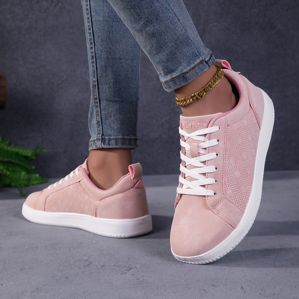 Women's Wide Toe Pink Suede Sneakers - Casual Perforated Lace-Up Walking Shoes