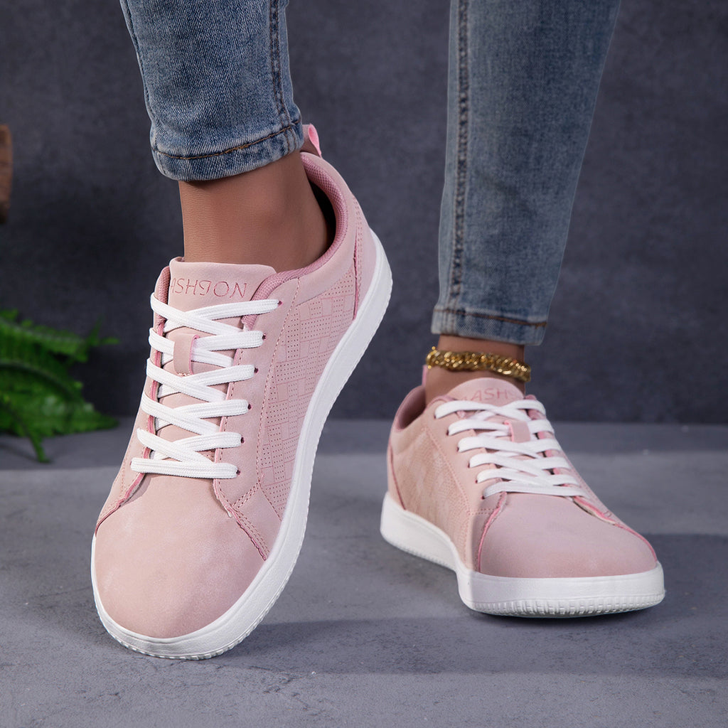 Women's Wide Toe Pink Suede Sneakers - Casual Perforated Lace-Up Walking Shoes