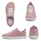 Women's Wide Toe Pink Suede Sneakers - Casual Perforated Lace-Up Walking Shoes